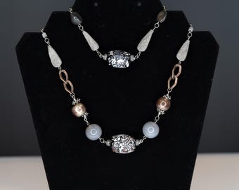 Silver Necklace Bracelet Jewelry Set Black White Glass Grey Stone Grey Ceramic Repurposed Recycled