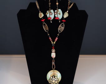 Necklace Earrings Jewelry Set Turquoise Coral Stone Brass Copper Bronze Tone Boho Repurposed Recycled