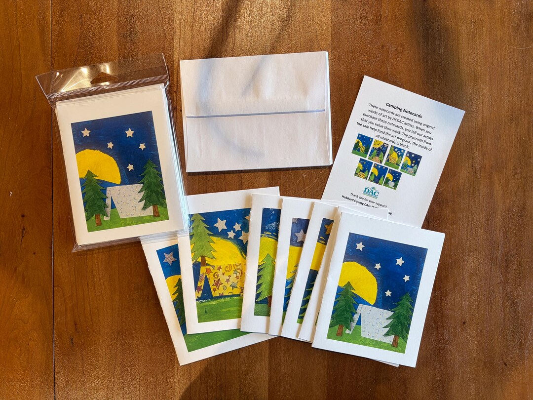 Starry Night Camping Notecards – Mixed‑media Northwoods Full Moon (set ...