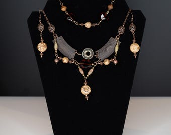 Necklace Bracelet Earrings Jewelry Set Repurposed Recycled Brown Stones Glass Wood Bronze Brass Tone