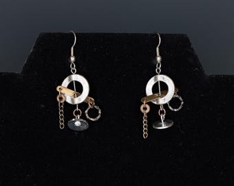 Dangle Earrings Multi Tone Metal Industrial Kinetic Hardware Chain Repurposed Recycled Upcycled