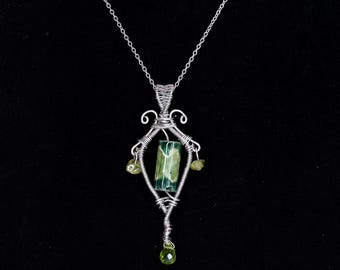 Pendant Necklace Peridot Stone Green Ceramic Silver Repurposed Recycled