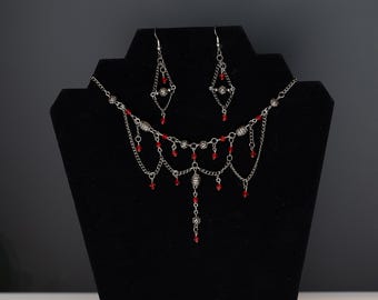 Silver Gunmetal Tone Necklace Earring Jewelry Set Red Glass Victorian Goth Repurposed Recycled