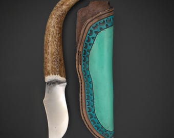 Handcrafted Knife with Deer Antler Handle & Decorative Leather Sheath by Charlie Arvik