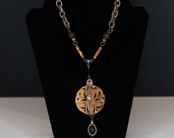 Necklace Brown Wood Carved Lotus Paper Brass Bronze Tone Silver Repurposed Recycled