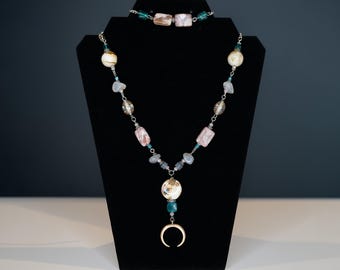 Silver Tone Necklace Bracelet Set, Redline Marble, Agate, Jasper, Green Glass, Stones