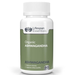 May include: A white bottle of Lifespan Essentials Organic Ashwagandha capsules. The bottle has a white lid and a green label with the text "Organic Ashwagandha". The label also states that it reduces anxiety and improves sleep quality. The bottle contains 60 capsules.