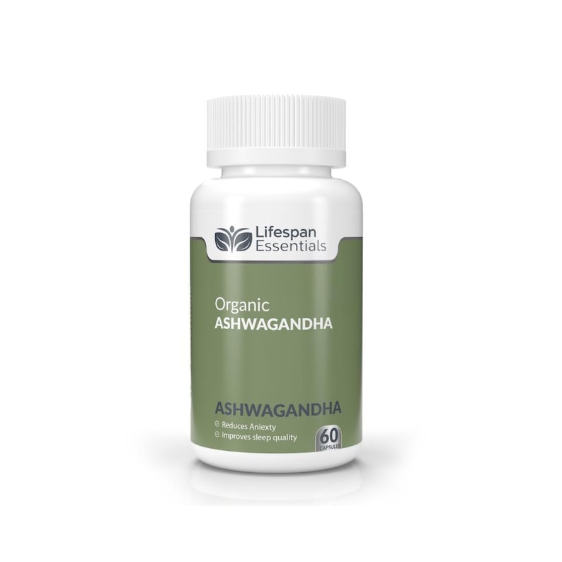 May include: A white bottle of Lifespan Essentials Organic Ashwagandha capsules. The bottle has a white lid and a green label with the text "Organic Ashwagandha". The label also states that it reduces anxiety and improves sleep quality. The bottle contains 60 capsules.