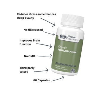 May include: A white bottle of Lifespan Essentials Organic Ashwagandha capsules. The label is green and white, with text indicating the product reduces stress, improves brain function, and is third-party tested. The bottle contains 60 capsules.