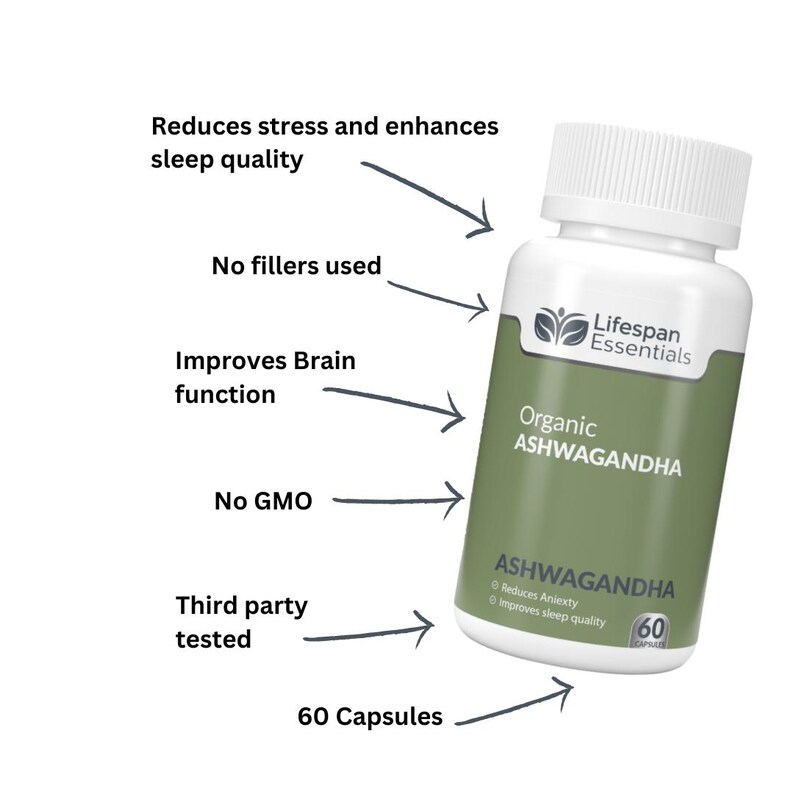 May include: A white bottle of Lifespan Essentials Organic Ashwagandha capsules. The label is green and white, with text indicating the product reduces stress, improves brain function, and is third-party tested. The bottle contains 60 capsules.