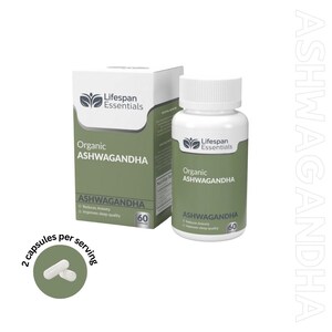 May include: A white bottle and box of Lifespan Essentials Organic Ashwagandha capsules. The bottle and box have a green label with the text "Organic Ashwagandha" and "Reduces Anxiety, Improves Sleep Quality". The image also shows two capsules.