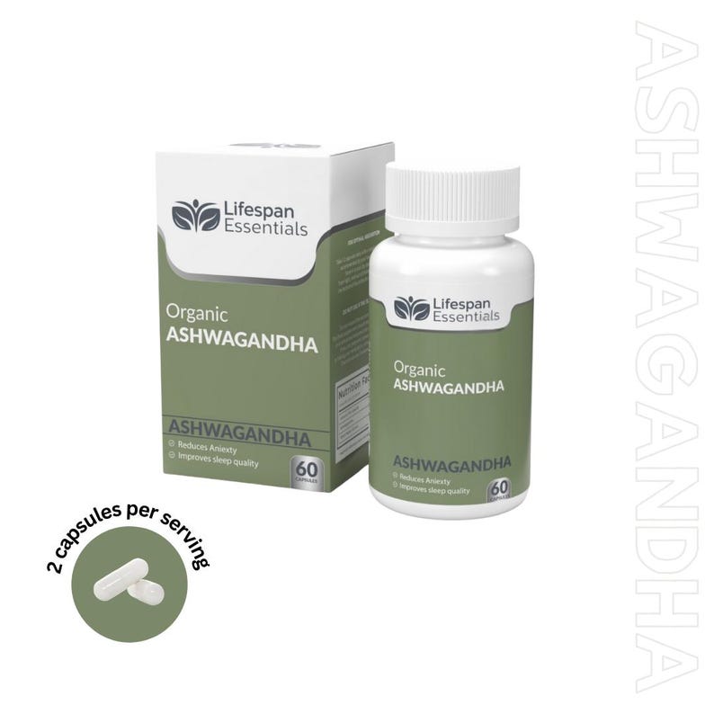 May include: A white bottle and box of Lifespan Essentials Organic Ashwagandha capsules. The bottle and box have a green label with the text "Organic Ashwagandha" and "Reduces Anxiety, Improves Sleep Quality". The image also shows two capsules.