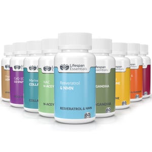 May include: A selection of white supplement bottles with various coloured labels. The labels feature text like "Resveratrol & NMN" and "Marine Colla". Each bottle contains 60 capsules.