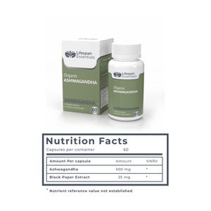 May include: A white bottle and box of Lifespan Essentials Organic Ashwagandha capsules. The bottle and box have green and white labels. The box and bottle both state there are 60 capsules. A nutrition facts table is also shown.