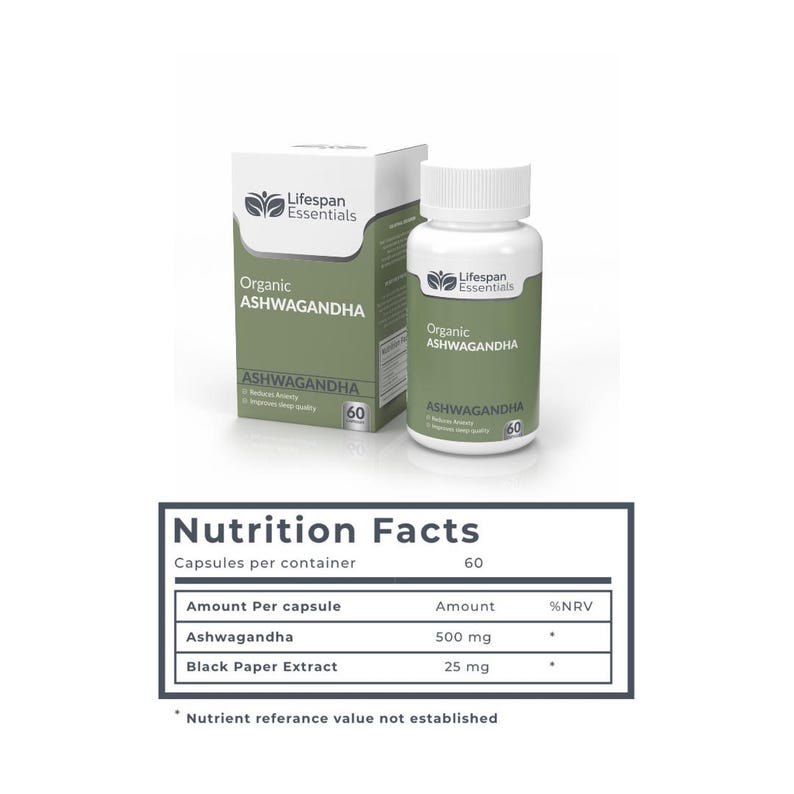 May include: A white bottle and box of Lifespan Essentials Organic Ashwagandha capsules. The bottle and box have green and white labels. The box and bottle both state there are 60 capsules. A nutrition facts table is also shown.