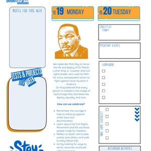 May include: A weekly planner page with the dates January 19-23. The page includes a portrait of Martin Luther King Jr., and text about MLK Day. There are sections for notes, tests, homework, and a take-home checklist. The words "Stay Inspired" are also featured.