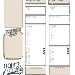 May include: A weekly planner page with sections for notes, tests, homework, and activities. The design includes the dates January 12-16, with Monday and Tuesday highlighted. The phrase "You're amazing" is written in cursive.
