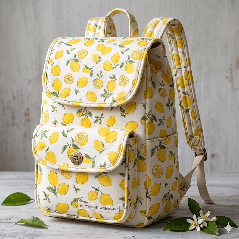 Peut inclure: Un sac &agrave; dos de couleur cr&egrave;me avec un motif r&eacute;p&eacute;titif de citrons jaunes et de feuilles vertes. Le sac poss&egrave;de un rabat sup&eacute;rieur, une poche avant avec une fermeture &agrave; bouton marron et des bretelles r&eacute;glables. Une petite &eacute;tiquette est visible.