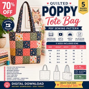 Quilted Tote Bag Sewing Pattern | Beginner Bag Pattern | Market Bag Pattern | Poppy Tote Bag Pattern | Easy Bag Pattern