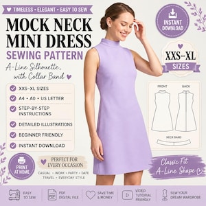 May include: A sewing pattern for a sleeveless mock neck mini dress with an A-line silhouette and collar band. The digital file includes sizes XXS-XL, step-by-step instructions, detailed illustrations, and is formatted for A4, A0, and US letter printing.