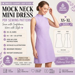 May include: A PDF sewing pattern for a sleeveless mock neck mini dress. The digital file includes instructions for sizes XS-XL, compatible with A4, A0, and US letter paper. The design features a simple, fitted silhouette with a high neckline.