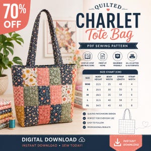 Puede incluir: Un bolso tote de patchwork acolchado con un estampado floral en azul marino, rosa, amarillo y verde. La imagen incluye texto para un patrón de costura PDF Charlet Tote Bag, una tabla de tallas en centímetros e iconos de instrucciones.