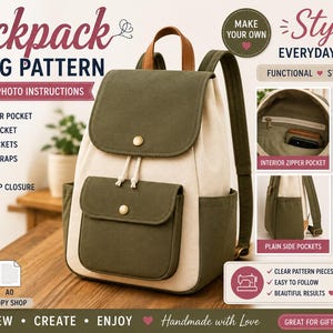 Peut inclure: Un patron de couture pour un sac &agrave; dos bicolore en toile vert olive et cr&egrave;me. Le mod&egrave;le comprend une poign&eacute;e sup&eacute;rieure, des bretelles r&eacute;glables, une poche frontale &agrave; rabat avec fermeture magn&eacute;tique, des poches lat&eacute;rales et une poche int&eacute;rieure zipp&eacute;e.