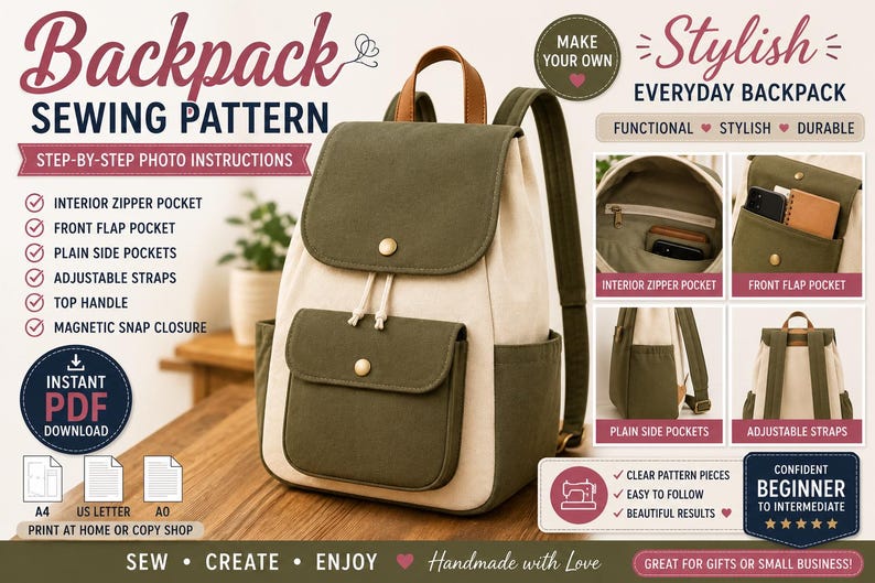 Peut inclure: Un patron de couture pour un sac &agrave; dos bicolore en toile vert olive et cr&egrave;me. Le mod&egrave;le comprend une poign&eacute;e sup&eacute;rieure, des bretelles r&eacute;glables, une poche frontale &agrave; rabat avec fermeture magn&eacute;tique, des poches lat&eacute;rales et une poche int&eacute;rieure zipp&eacute;e.