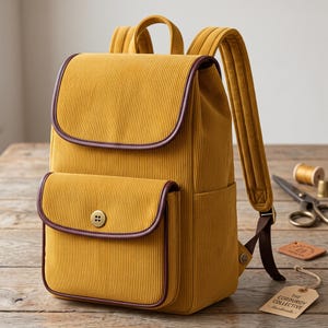 Peut inclure: Un sac &agrave; dos en velours c&ocirc;tel&eacute; jaune moutarde avec des bordures en similicuir marron fonc&eacute;, un rabat sup&eacute;rieur et une poche avant ferm&eacute;e par un bouton rond. Le sac comprend des bretelles r&eacute;glables et une &eacute;tiquette The Corduroy Collective.