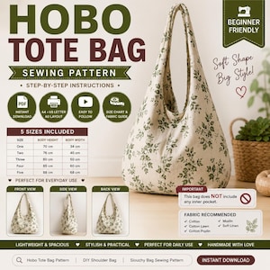 Patrón de costura de bolso hobo para principiantes / bolso de hombro holgado (descarga digital), patrón de bolso tote, bolso para principiantes, bolso de gimnasio,