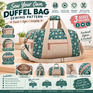 Puede incluir: Un patrón de costura para bolsa de viaje en tela azul verdoso con estampado de margaritas blancas y detalles de lona beige. La bolsa incluye un bolsillo frontal con cremallera, bolsillos laterales y una correa ajustable. Incluye tres tamaños: S (33 x 24 x 21,5 cm), M (37 x 28 x 25 cm) y L (40,5 x 30,5 x 28 cm).