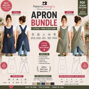 May include: A digital sewing pattern bundle for two apron styles, featuring front and back views of a dark blue cross-back apron and an olive green wrap-around back apron. Includes technical diagrams, size charts from XS to XL, and fabric requirements.