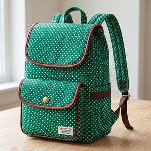 Peut inclure: Un sac &agrave; dos vert &agrave; pois blancs, dot&eacute; de bordures en similicuir marron, d'un rabat sup&eacute;rieur avec fermeture magn&eacute;tique, d'une poche avant avec un bouton dor&eacute; et de bretelles rembourr&eacute;es r&eacute;glables. Une petite &eacute;tiquette rectangulaire est fix&eacute;e.
