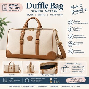 Op de afbeelding: Een beige en bruine reistas naaipatroon PDF-download. De tas heeft een ruim hoofdvak, ritssluiting aan de bovenkant, een afneembare en verstelbare schouderband en comfortabele handvatten. Afgewerkte maat: 40 cm breed, 28 cm hoog, 15 cm diep.