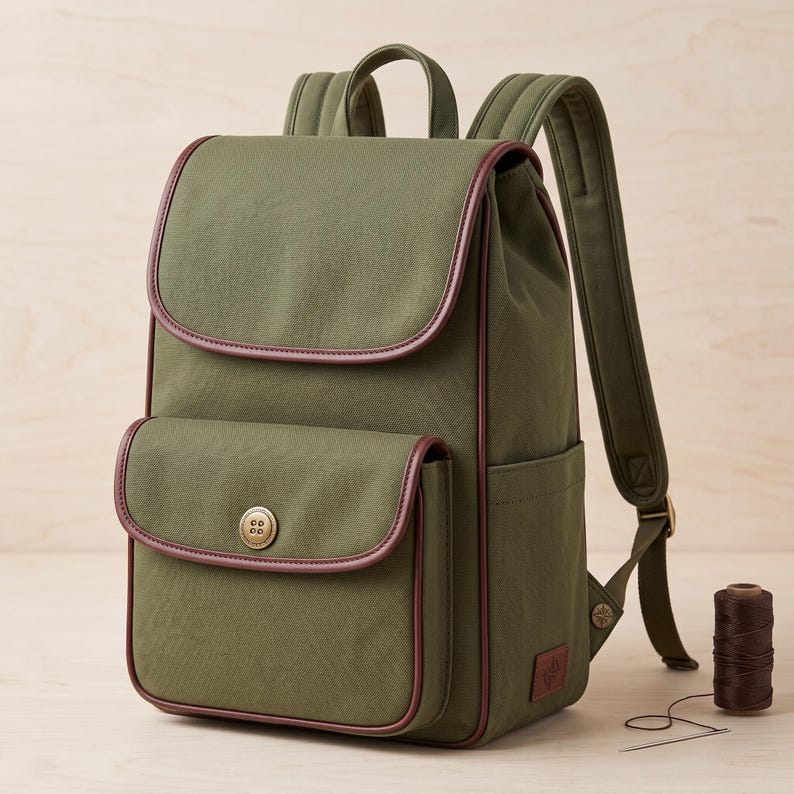 Peut inclure: Un sac &agrave; dos en toile vert olive dot&eacute; d'un rabat sup&eacute;rieur, d'une poche avant ferm&eacute;e par un bouton rond unique et de bordures en similicuir marron fonc&eacute;. Le sac comprend des bretelles rembourr&eacute;es r&eacute;glables et une poign&eacute;e sup&eacute;rieure.
