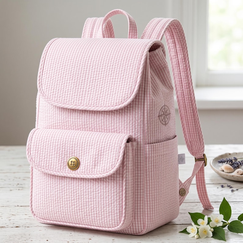 Peut inclure: Un sac &agrave; dos en seersucker &agrave; motif vichy rose clair et blanc, dot&eacute; d'un rabat sup&eacute;rieur, d'une poche avant ferm&eacute;e par un bouton dor&eacute;, de bretelles r&eacute;glables et d'un petit embl&egrave;me circulaire en forme de boussole sur le c&ocirc;t&eacute;.