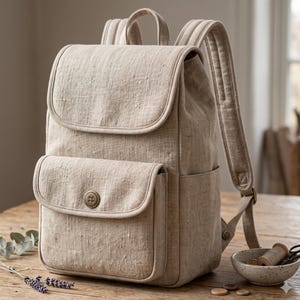 Peut inclure: Un sac &agrave; dos beige en tissu textur&eacute; dot&eacute; d'un rabat sup&eacute;rieur, d'une poche avant ferm&eacute;e par un bouton m&eacute;tallique rond et de bretelles rembourr&eacute;es r&eacute;glables. Le mod&egrave;le comprend une poign&eacute;e sup&eacute;rieure et des poches lat&eacute;rales de rangement.