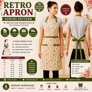 May include: A sewing pattern for a retro apron featuring step-by-step instructions, a size chart, and fabric guide. The apron has a cream background with a small red and green floral print, olive green straps, and two front pockets with green trim.