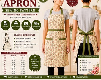Wzór na fartuch w stylu retro, w stylu vintage z kieszeniami (do pobrania w formacie PDF)