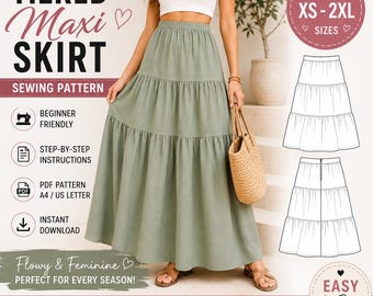 Women's Tiered Maxi Skirt Sewing Pattern, Boho Flowy Skirt (PDF)