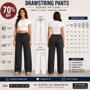 Può includere: Un cartamodello digitale per pantaloni con coulisse, con un top corto bianco e pantaloni grigio scuro a gamba larga. L'immagine include disegni tecnici del davanti e del retro, una tabella delle taglie in cm e icone per file PDF.