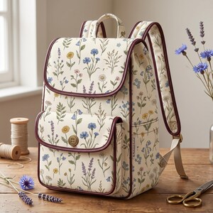 Peut inclure: Un sac &agrave; dos de couleur cr&egrave;me orn&eacute; d'un motif r&eacute;p&eacute;titif de fleurs sauvages dans des tons de bleu, jaune et vert. Le sac poss&egrave;de un rabat sup&eacute;rieur, une poche avant avec une fermeture &agrave; bouton unique et un passepoil bordeaux fonc&eacute; sur les bords.