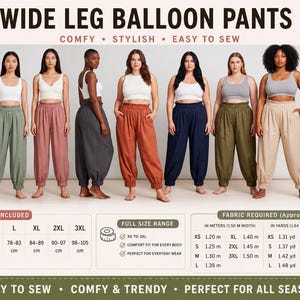 May include: A PDF sewing pattern for wide leg balloon pants featuring an elastic waist and ankles with deep pockets. The image displays seven variations of the pants in different colors, including size charts in centimeters and fabric requirements in meters and yards.