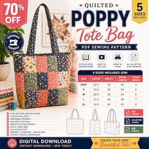 Quilted Tote Bag Sewing Pattern | Beginner Bag Pattern | Market Bag Pattern | Poppy Tote Bag Pattern | Easy Bag Pattern