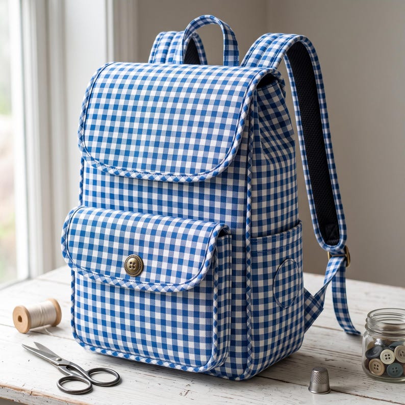 Peut inclure: Un sac &agrave; dos &agrave; motif vichy bleu et blanc dot&eacute; d'un rabat sup&eacute;rieur, d'une poche avant ferm&eacute;e par un bouton m&eacute;tallique unique et de bretelles r&eacute;glables. Le sac &agrave; dos pr&eacute;sente une forme rectangulaire structur&eacute;e avec des bords passepoil&eacute;s.
