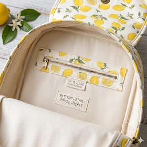 Peut inclure: Un sac &agrave; dos ouvert avec un int&eacute;rieur de couleur cr&egrave;me orn&eacute; d'un motif de citrons. L'int&eacute;rieur comprend une poche zipp&eacute;e horizontale avec une fermeture &eacute;clair couleur laiton, une &eacute;tiquette d'entretien et une &eacute;tiquette PATTERN DETAIL: ZIPPED POCKET.