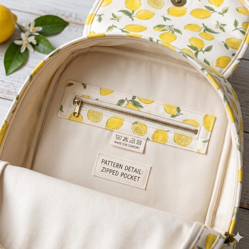 Peut inclure: Un sac &agrave; dos ouvert avec un int&eacute;rieur de couleur cr&egrave;me orn&eacute; d'un motif de citrons. L'int&eacute;rieur comprend une poche zipp&eacute;e horizontale avec une fermeture &eacute;clair couleur laiton, une &eacute;tiquette d'entretien et une &eacute;tiquette PATTERN DETAIL: ZIPPED POCKET.