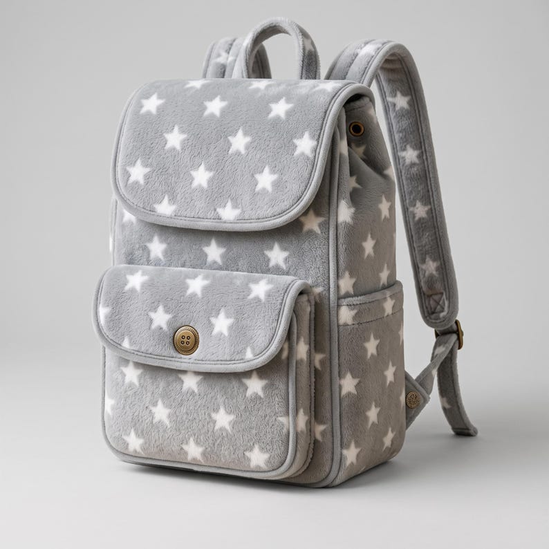 Peut inclure: Un sac &agrave; dos gris avec un motif d'&eacute;toiles blanches, fabriqu&eacute; dans un tissu doux et pelucheux. Le sac comprend un rabat sup&eacute;rieur avec fermeture magn&eacute;tique, une poche avant avec un bouton marron, deux bretelles et une poign&eacute;e.