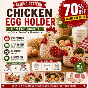 May include: A sewing pattern for a chicken egg holder and hen egg basket. The fabric baskets feature a cream body with a red floral print, red wings with white dots, and green interiors. The pattern includes two sizes: 6 x 6.5 inches and 8 x 8.5 inches.