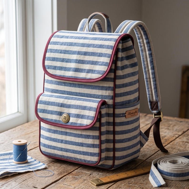 Peut inclure: Un sac &agrave; dos &agrave; rayures horizontales bleues et blanches avec un passepoil rouge fonc&eacute;. Le sac comprend une poche avant ferm&eacute;e par un bouton rond, des bretelles r&eacute;glables et une petite &eacute;tiquette de marque rectangulaire en similicuir.